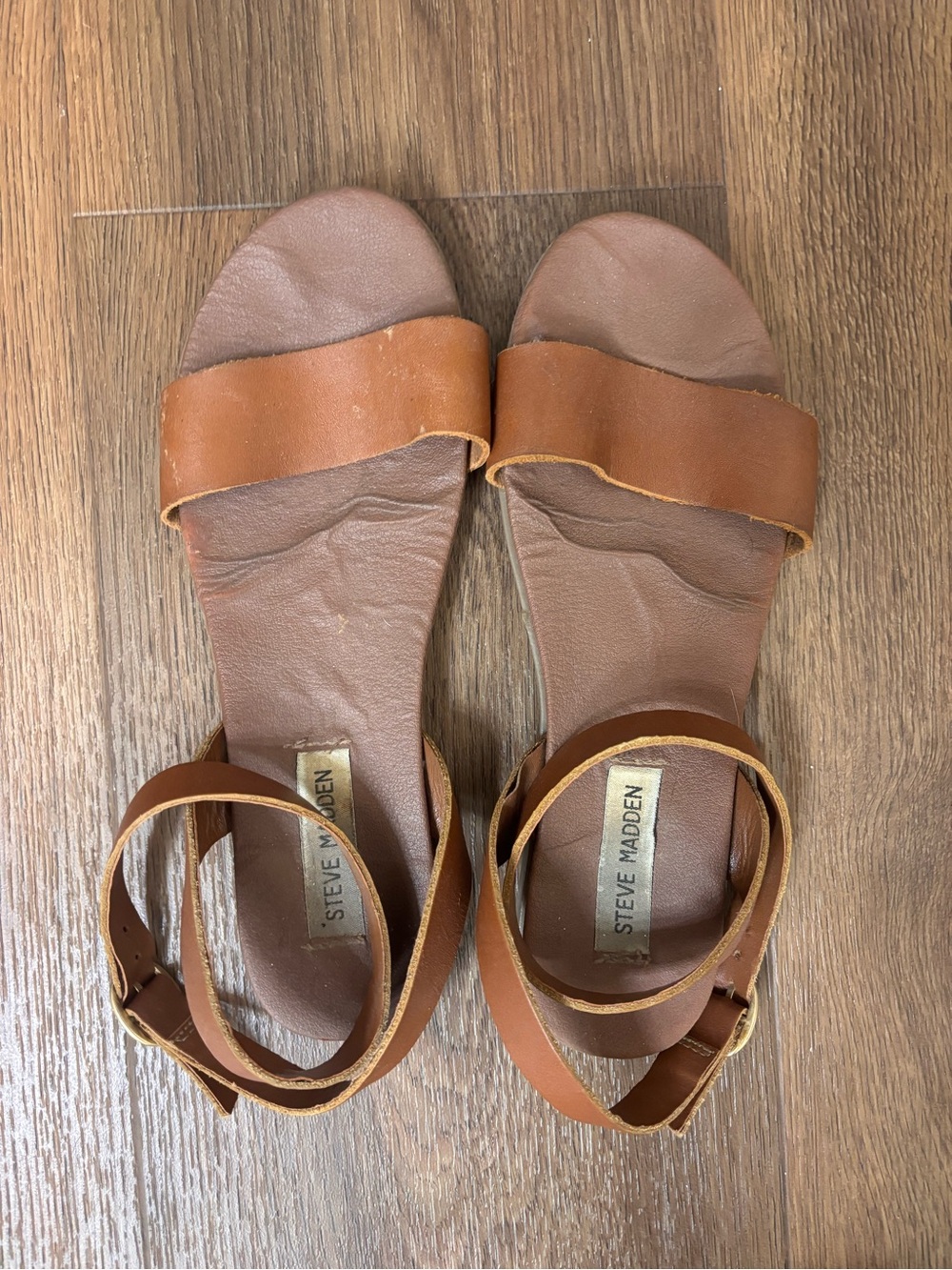 Steve Madden Tan Leather Ankle-Strap Slide Sandals